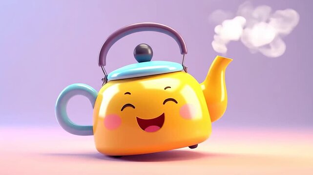 Cute yellow teapot character with a happy face steaming on a pastel background.