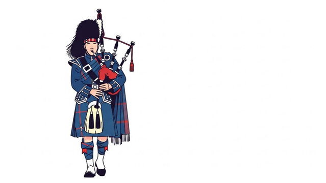 Scottish bagpiper wearing traditional blue and red tartan kilt playing bagpipes with black hat and white socks