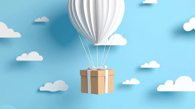 Gift box hanging from a white paper hot air balloon against a blue sky with clouds.