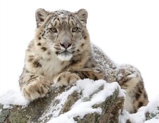 Fototapeta premium A majestic snow leopard, spotted coat, resting on a snowy rock, white background