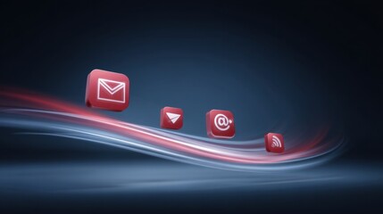 Colorful Red Icons Representing Communication and Social Media with Dynamic Light Trails on a Dark Background