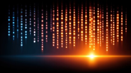 Digital Binary Code Stream with Glowing Effect in Orange and Blue Colors Against a Dark Background for Technology or Data Themes
