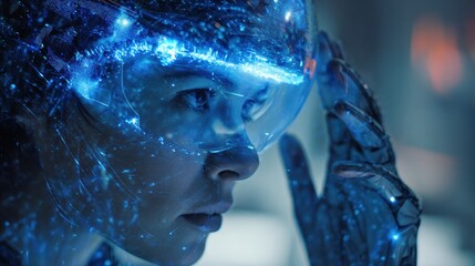 Futuristic female cyborg interaction advanced laboratory digital art high-tech environment close-up view human-machine connection