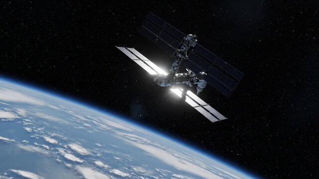 photorealistic wide angle space footage of a large space station in low Earth orbit modular design solar arrays visible soft sunlight reflections Earth limb glowing with haze slow motion movement stab