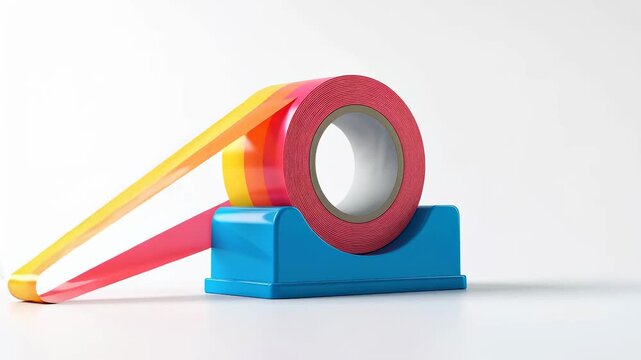 Colorful roll of adhesive tape on a blue dispenser against a white background.