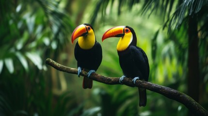 Obraz premium Colorful toucans perched on a branch in a tropical rainforest with green plants in the background during daylight hours