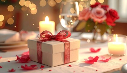 Romantic close-up of a gift box tied with a red ribbon, surrounded by rose petals, candles, and flowers on a table