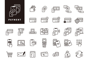 業務フローやUI設計に使える決済・会計プロセスのモノクロアウトラインアイコンセット