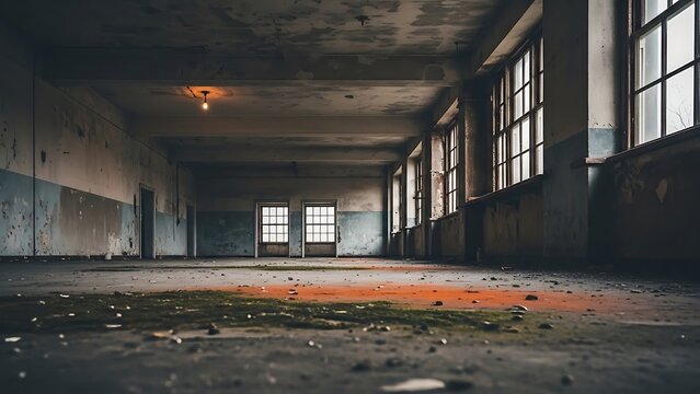Decayed industrial space with peeling paint and gridded windows, darkness