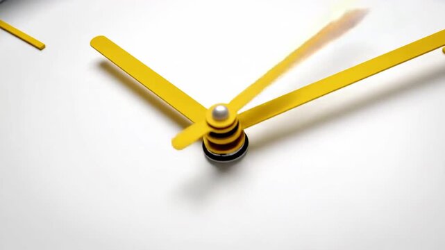 Minimalist white clock with yellow hands showing the passage of time on turquoise background.