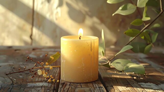 Warm candlelight illuminates a rustic wooden surface, creating a cozy and inviting atmosphere.
