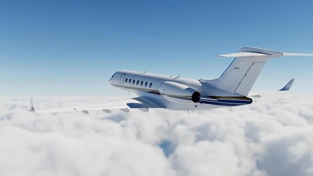Luxury private jet flying high above the clouds on a sunny day.