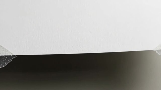 Blank white paper sheet attached to a gray wall with tape.