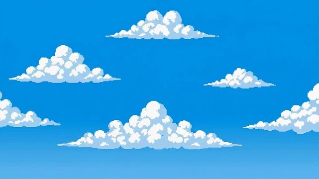 Pixel art illustration of f white clouds floating in a bright blue sky.