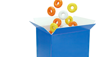 Colorful Ring-Shaped Candies Pouring Out of a Blue Box