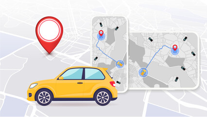 Car Sharing and Online Ordering Mobile App Concept, GPS Navigation and Location Tracking on Smartphone Map, Urban Transportation and Ride Sharing Service Vector Illustration © Jer