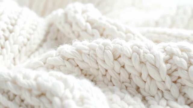 Close-up of a cozy white knitted wool fabric, showcasing its intricate texture and warmth.