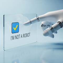 Robot Points to "I'm Not a Robot" on a Transparent Screen
