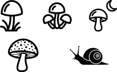 Black and white illustrations of mushrooms and a snail in a natural setting