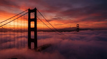 Fototapeta premium Golden Gate Sunset: The majestic Golden Gate Bridge pierces through a sea of fog, bathed in the fiery hues of a stunning sunset. The iconic structure stands as a testament to engineering.