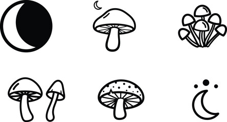 black and white illustration of various mushrooms and moons on white background