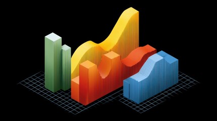 Vibrant 3D Graph Visualization with Colorful Bars and Lines Displaying Complex Data Trends Against a Black Background