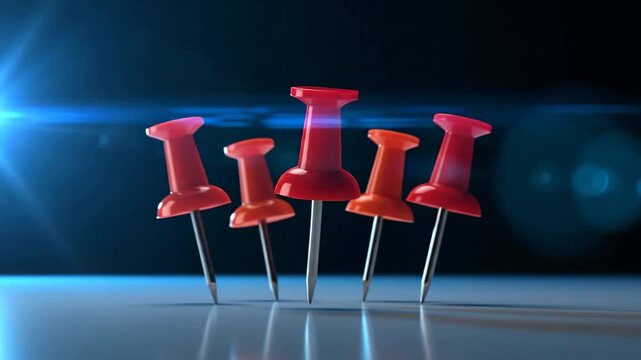 Group of red push pins standing upright on a white surface, office supplies.