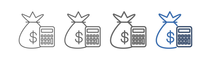 
outline icon set financial consideration with money bag and calculator design