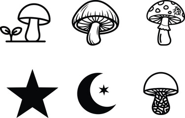 Black and white illustrations of mushrooms and celestial symbols