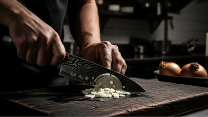 A chef's hands precisely dicing a white onion on a dark wooden cutting board in a professional kitchen.