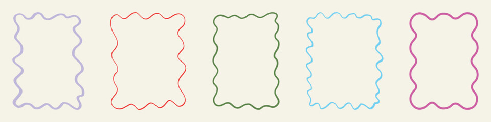 Zig zag wavy edge rectangle frame or border shapes set. Rectangle shapes with curvy squiggly doodle lines. Abstract elements for template, stickers, promo material, web or social media design. © AI Creatives