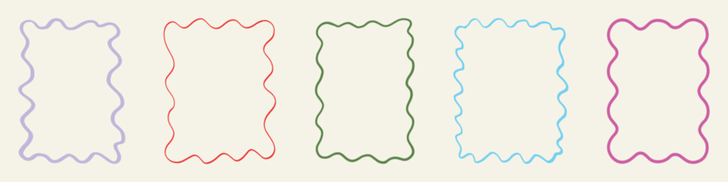 Zig zag wavy edge rectangle frame or border shapes set. Rectangle shapes with curvy squiggly doodle lines. Abstract elements for template, stickers, promo material, web or social media design.