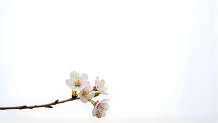 Delicate pink cherry blossoms bloom on a slender branch against a pristine white background, symbolizing spring's arrival.