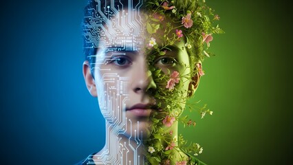Man with circuit board and floral elements on face