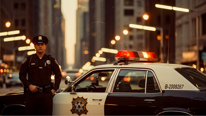 A uniformed police officer stands vigilantly next to a classic patrol car on a busy urban street at dusk.