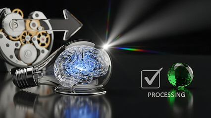 ai processing concept digital brain transforming data into valuable insights symbolizing innovation and efficient technology solutions.