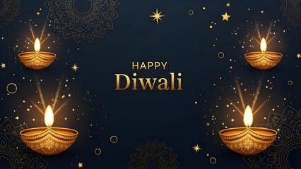 Happy Diwali greeting card featuring traditional golden oil lamps and sparkling decorative patterns on a dark blue background.