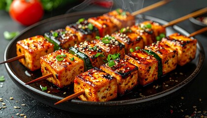 Korean BBQ Tofu Skewers. Barbeque Skewers Close Up
