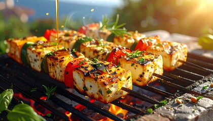 Grilled Halloumi Skewers. Barbeque Skewers Close Up