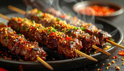 Close-Up Spicy Suya Skewers. Barbeque Skewers Close Up