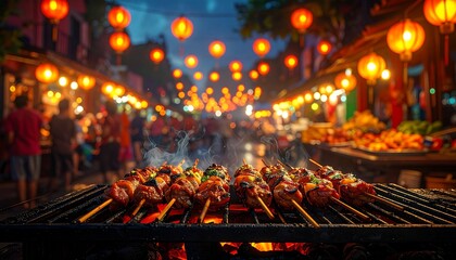 Night Market Mexican BBQ. Barbeque Skewers Close Up