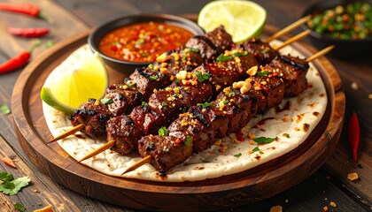 Nigerian Suya Beef Skewers. Barbeque Skewers Close Up