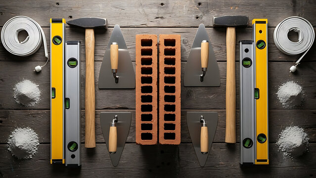 construction tools and materials arranged symmetrically on rustic wooden background ideal for masonry building and architectural planning concepts. - Powered by Adobe