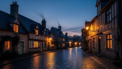 Quaint European village street at dusk with lit windows and lamps