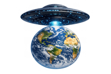 Ufo spaceship hovering over earth, science fiction concept of alien invasion and extraterrestrial contact, transparent background
