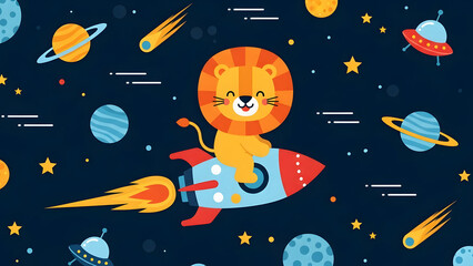 Adorable cartoon lion astronaut riding a rocket through outer space with