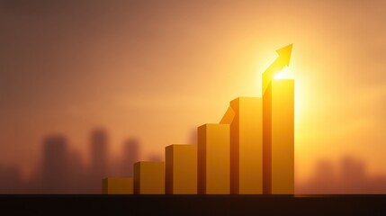 Rising Bar Graph Symbolizing Growth and Progress Against a Dramatic Sunset with Urban Skyline Silhouette in the Background