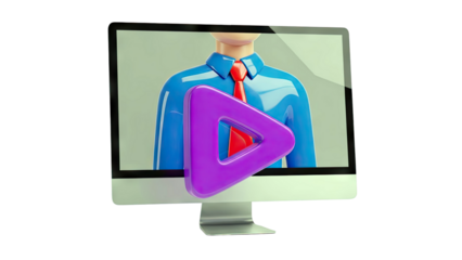3D Computer Monitor Displaying Play Button and Cartoon Business Man