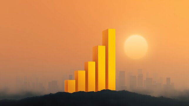 Orange Sunset Over City Skyline with Yellow Bar Graph Representing Growth, Progress, and Financial Success in Business Environment - Powered by Adobe