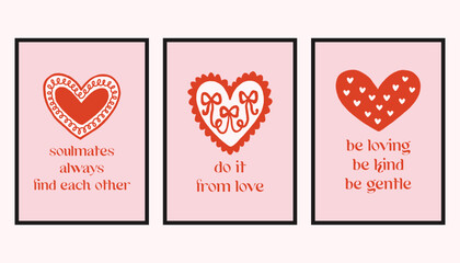 Vector set of romantic cards with decorative hearts and handwritten love quotes. Cute Valentine designs in soft pink and red, perfect for greeting cards, prints, and gifts.